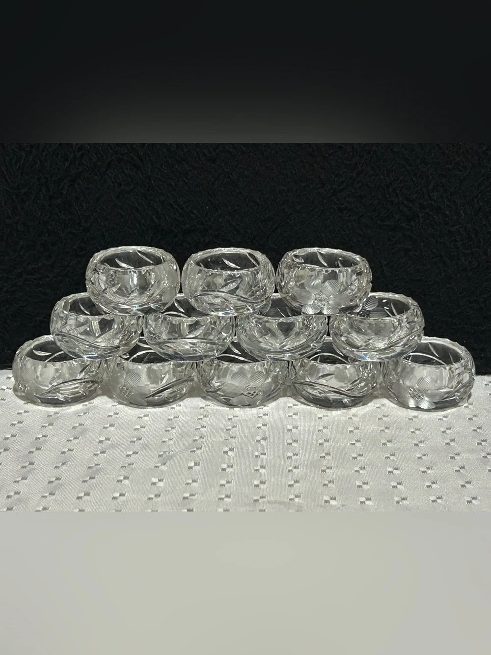 Set Of 10 Antique Open Salt Cellar Dip Etched Crystal Glass Clear Edge Flower